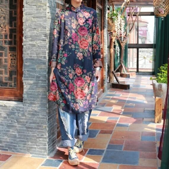 Mandarin Collar Floral Long Shirt | Hippie - Image 3