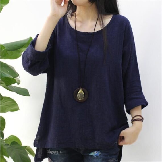 O Neck Long Sleeve Linen Shirt - Image 9