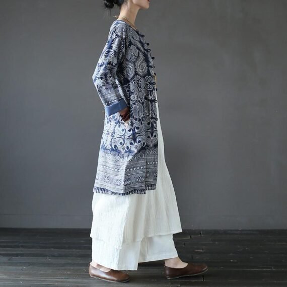 Blue and White Long Linen Cardigan - Image 3