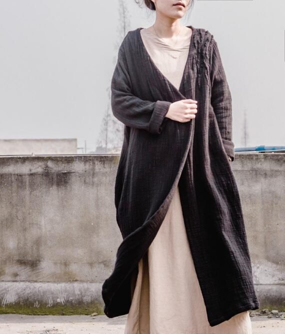 Cotton and Linen Long Black Cardigan