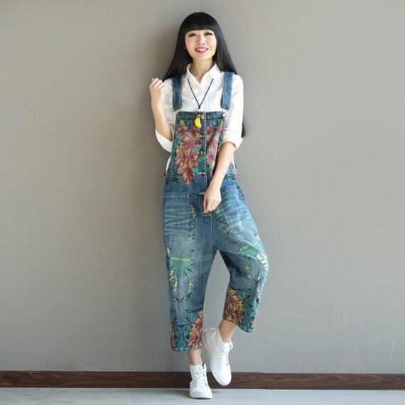 Loose Floral Denim Overall - Image 3