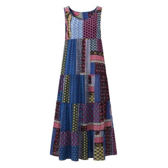 Loose Patchwork Print Sleeveless Hippie Dress - Image 4