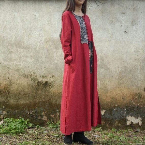 Folk Style Patchwork Linen Dress - Image 3