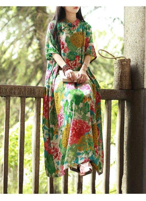 Floral Pleated Chinese Dress - Image 4