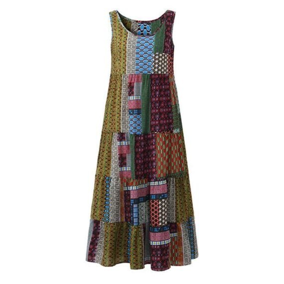 Loose Patchwork Print Sleeveless Hippie Dress - Image 5