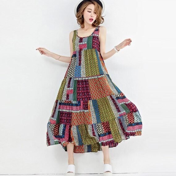 Loose Patchwork Print Sleeveless Hippie Dress - Image 2