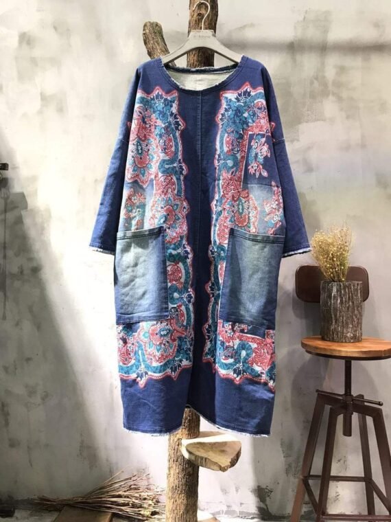 Flash Patchwork Denim Dress With Large Pockets - Image 9