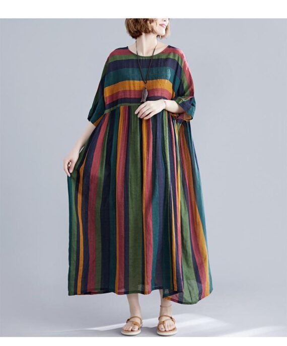 Retro Rainbow Striped Loose Dress - Image 2