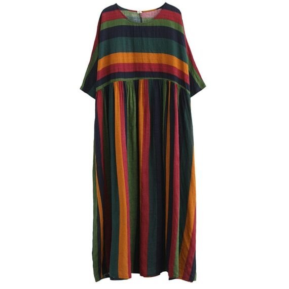 Retro Rainbow Striped Loose Dress - Image 3