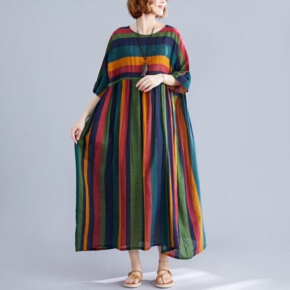 Retro Rainbow Striped Loose Dress - Image 5