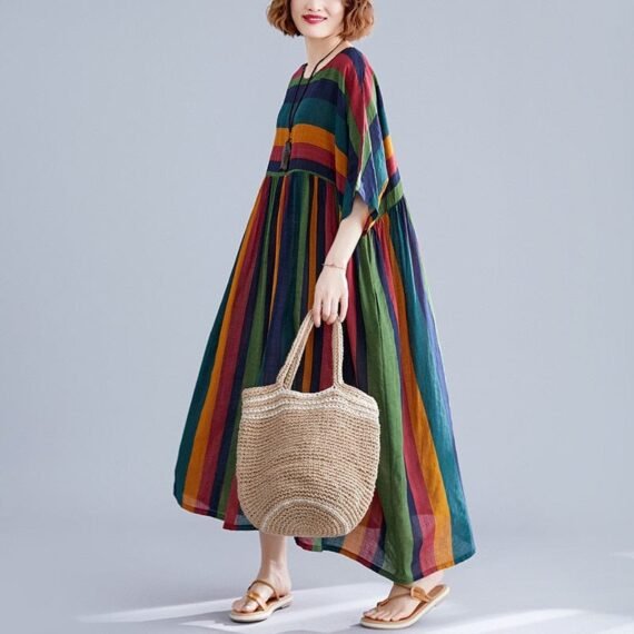 Retro Rainbow Striped Loose Dress - Image 6