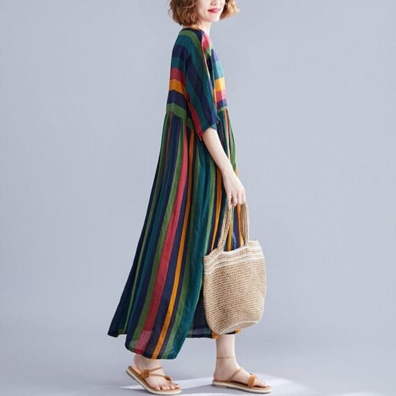 Retro Rainbow Striped Loose Dress - Image 7