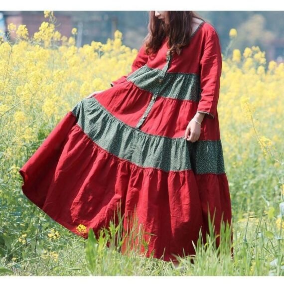 Red and Green Franfreluche Bohemian Hippie Dress - Image 5