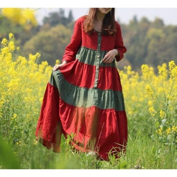 Red and Green Franfreluche Bohemian Hippie Dress - Image 2