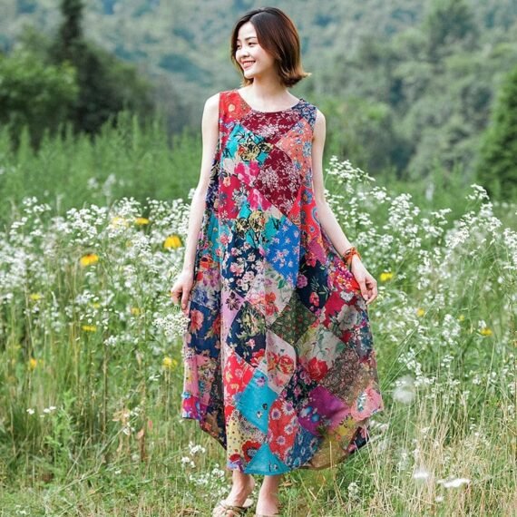 Patchwork Colourful Cotton Hippie Dress - Image 9