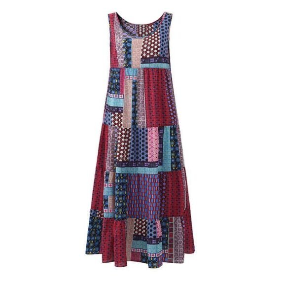 Loose Patchwork Print Sleeveless Hippie Dress - Image 3