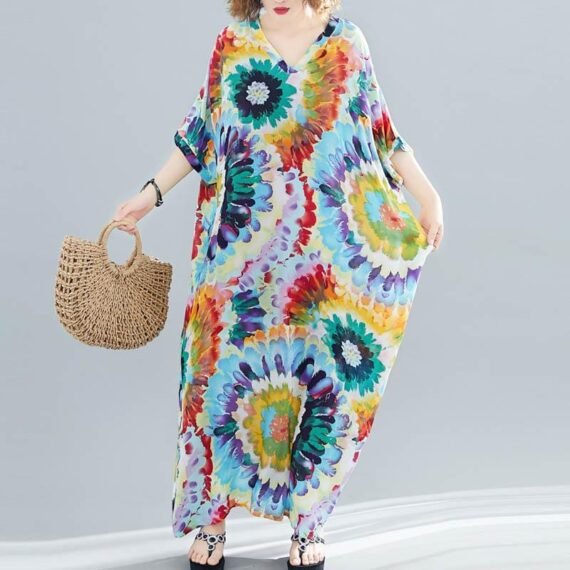 Tie-Dye Print Loose Hippie Dress - Image 3