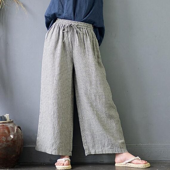 Plaid Linen Palazzo Pants - Image 5