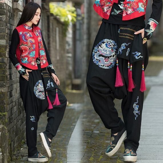 Dragon Embroidered Loose Harem Pants - Image 2