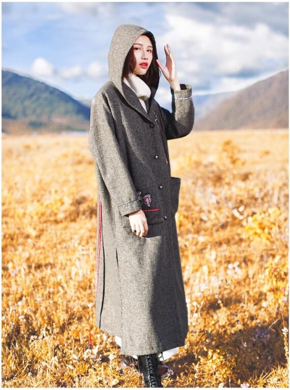 Hooded Embroidered Woollen Coat - Image 3