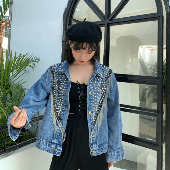 Vintage Studded Tassel Denim Jacket - Image 3