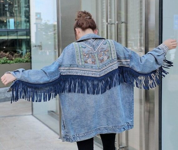 Floral Embroidered Fringed Denim Jacket - Image 5