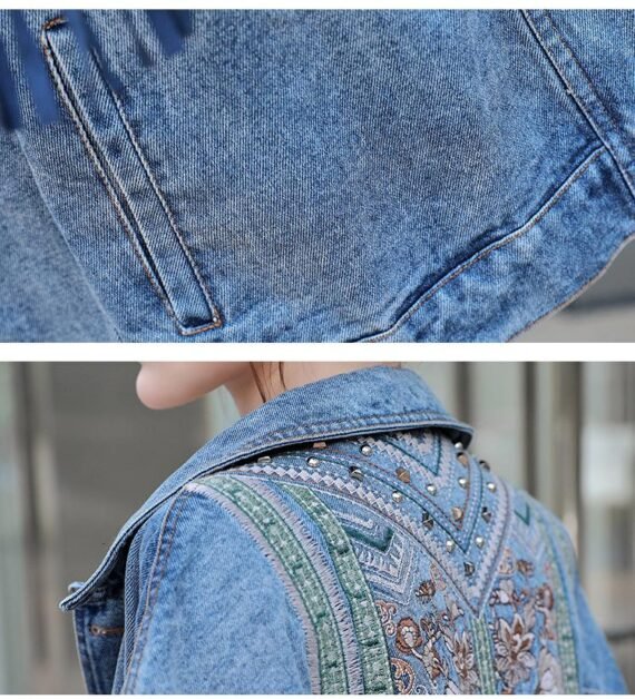 Floral Embroidered Fringed Denim Jacket - Image 7