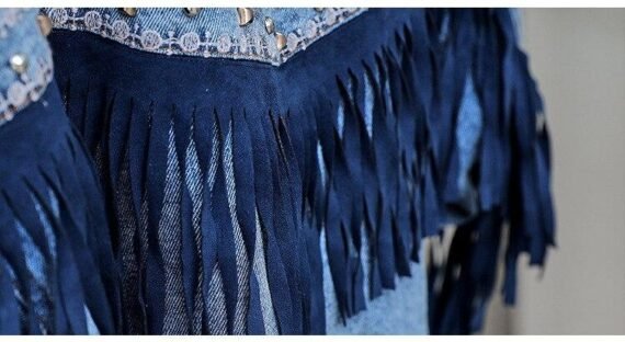 Floral Embroidered Fringed Denim Jacket - Image 9