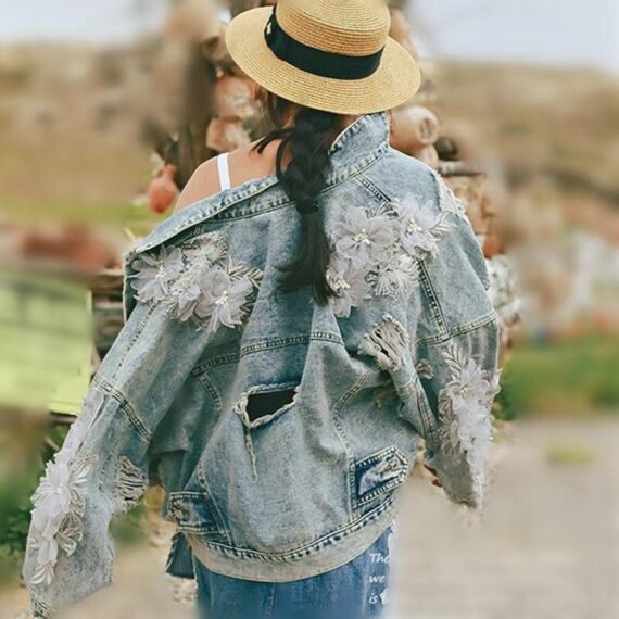 Light Wash Floral Appliques Denim Jacket - Image 2