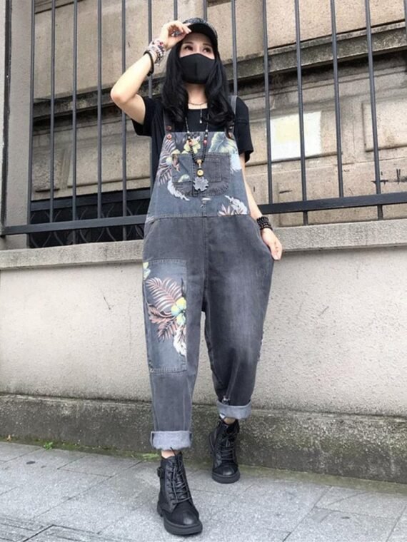 Loose Floral Denim Overall - Image 4