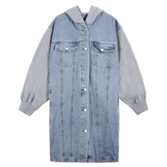 Long Hooded Denim Jacket With Sweater Sleeves - Image 4