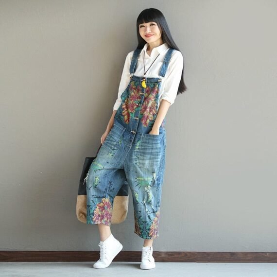 Loose Floral Denim Overall - Image 7