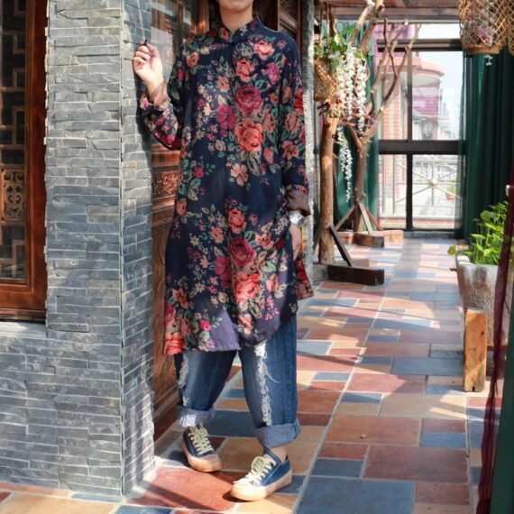 Mandarin Collar Floral Long Shirt | Hippie