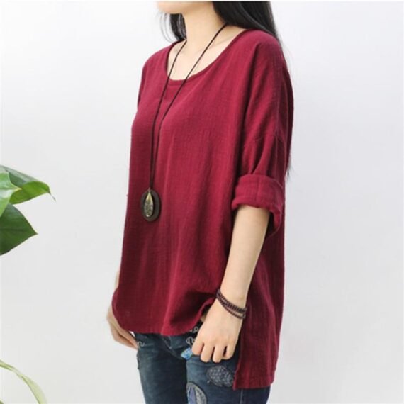 O Neck Long Sleeve Linen Shirt - Image 5