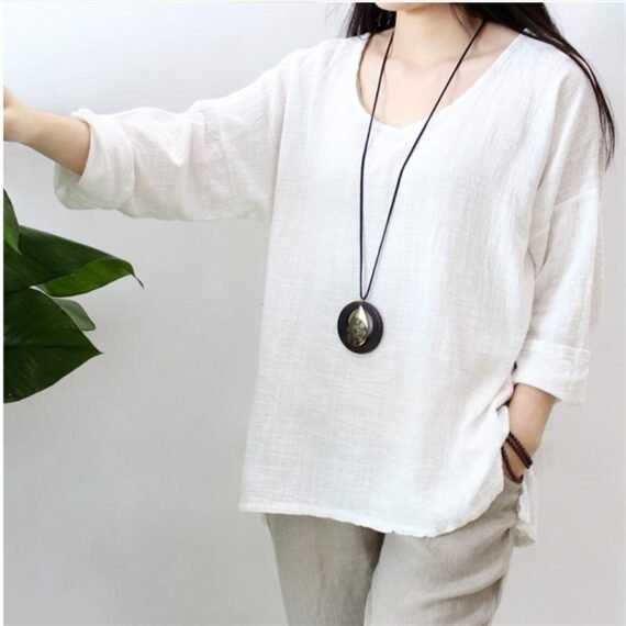 O Neck Long Sleeve Linen Shirt - Image 2