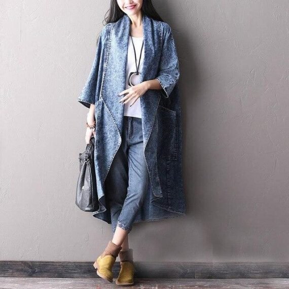 Thin Layered Denim Trench Coat - Image 2