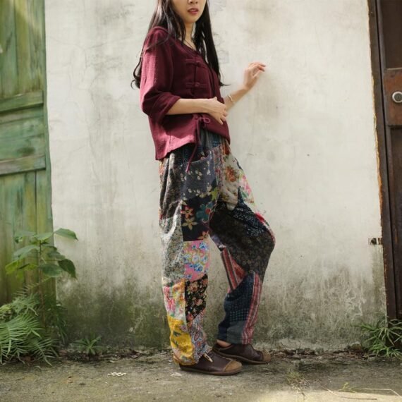 Floral Patchwork Linen Hippie Pants - Image 4