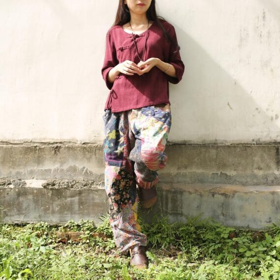 Floral Patchwork Linen Hippie Pants - Image 3