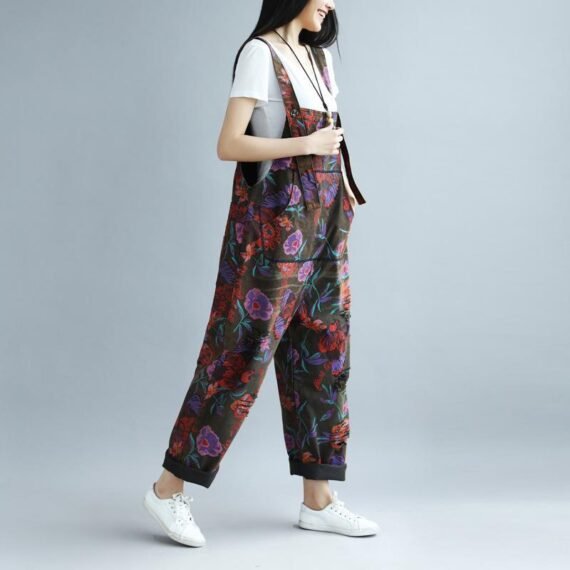 Floral Printed Loose Denim Overall - Image 2