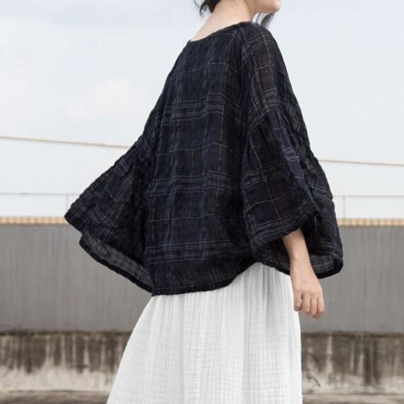 Butterfly Sleeve Plaid Ramie Shirt | Lotus - Image 3