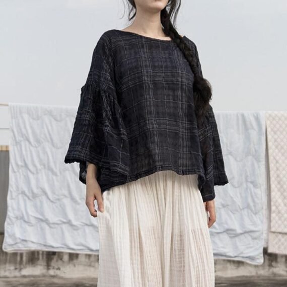 Butterfly Sleeve Plaid Ramie Shirt | Lotus - Image 2