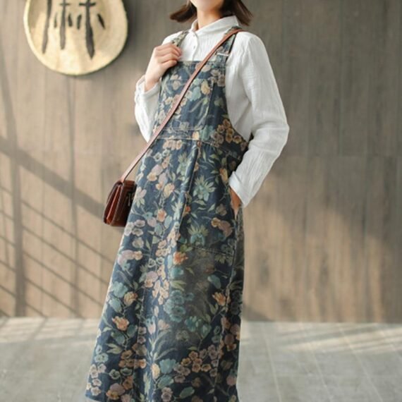 Artsy Floral Denim Overall Dress - Image 3