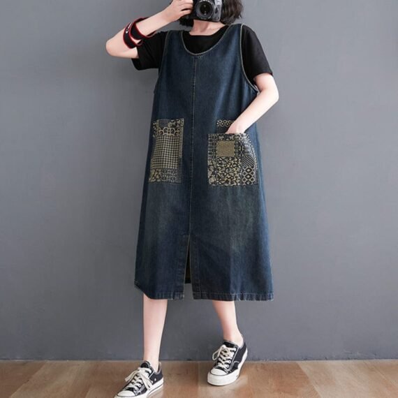 Denim Patchwork Midi Overall Dress - Image 2