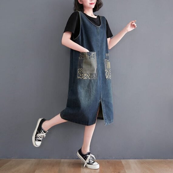 Denim Patchwork Midi Overall Dress - Image 3