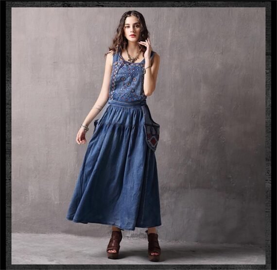 Elegant Embroidered Denim Overall Dress - Image 4