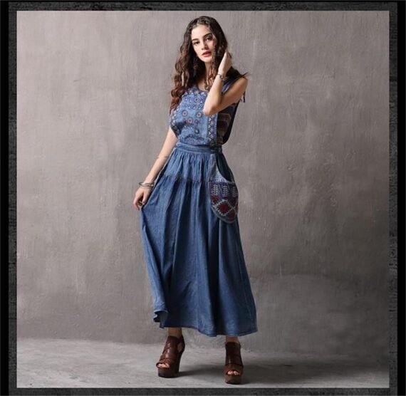 Elegant Embroidered Denim Overall Dress - Image 5