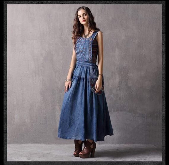 Elegant Embroidered Denim Overall Dress - Image 3