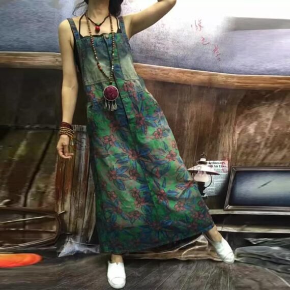 Floral Long Denim Overall Dress - Image 2