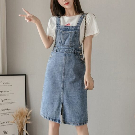 Preppy Knee-Length Denim Overall Dress - Image 2