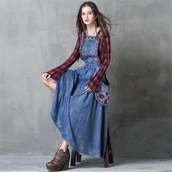 Long Denim Overall Dress with Large Pockets - Image 2